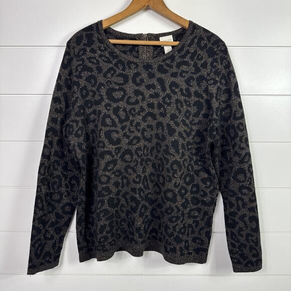 Chico's Leopard Print Long Sleeve Pullover Sweater Metallic Black sz 2 / Large - Picture 1 of 8